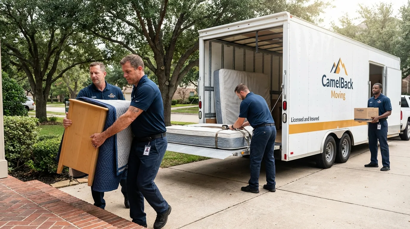 Crew loading residential truck for cross-state move from De Soto, KS