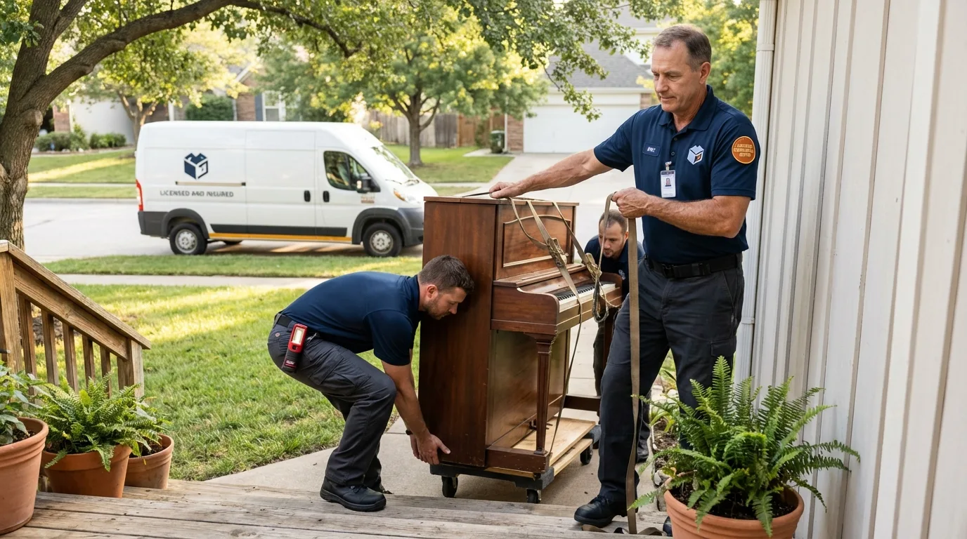 Licensed piano movers securing grand piano in De Soto, KS