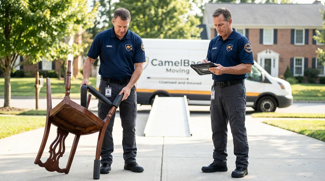 Movers inspecting furniture for damage prevention before loading in De Soto, KS