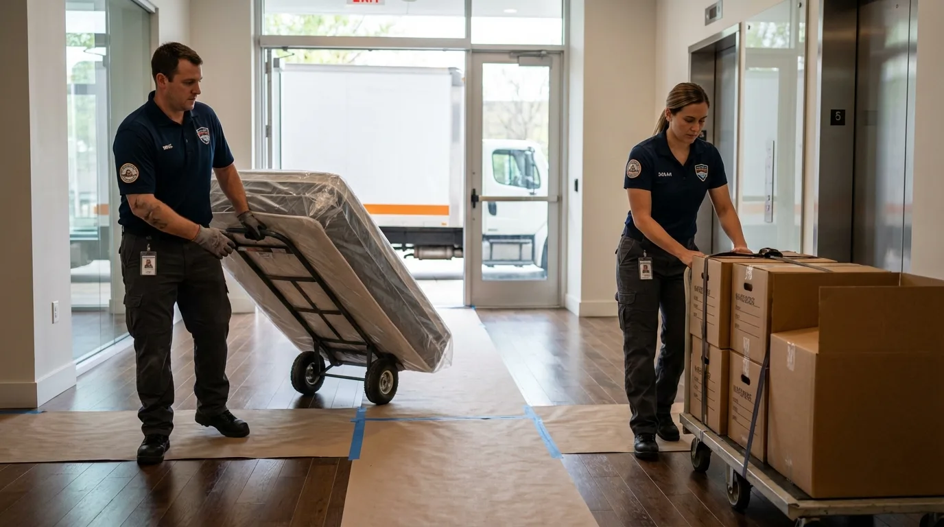 Professional apartment movers loading elevator in De Soto, KS