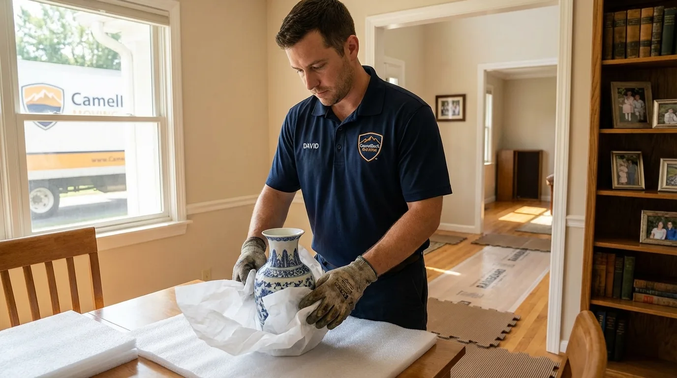 Professional crew carefully wrapping antique vase for senior downsizing move in De Soto, KS